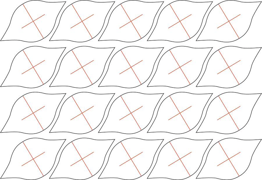 Bastelvorlage für Papierblumen: die roten Linien sind Faltlinien, die schwarzen Linien sind die Schneidelinien